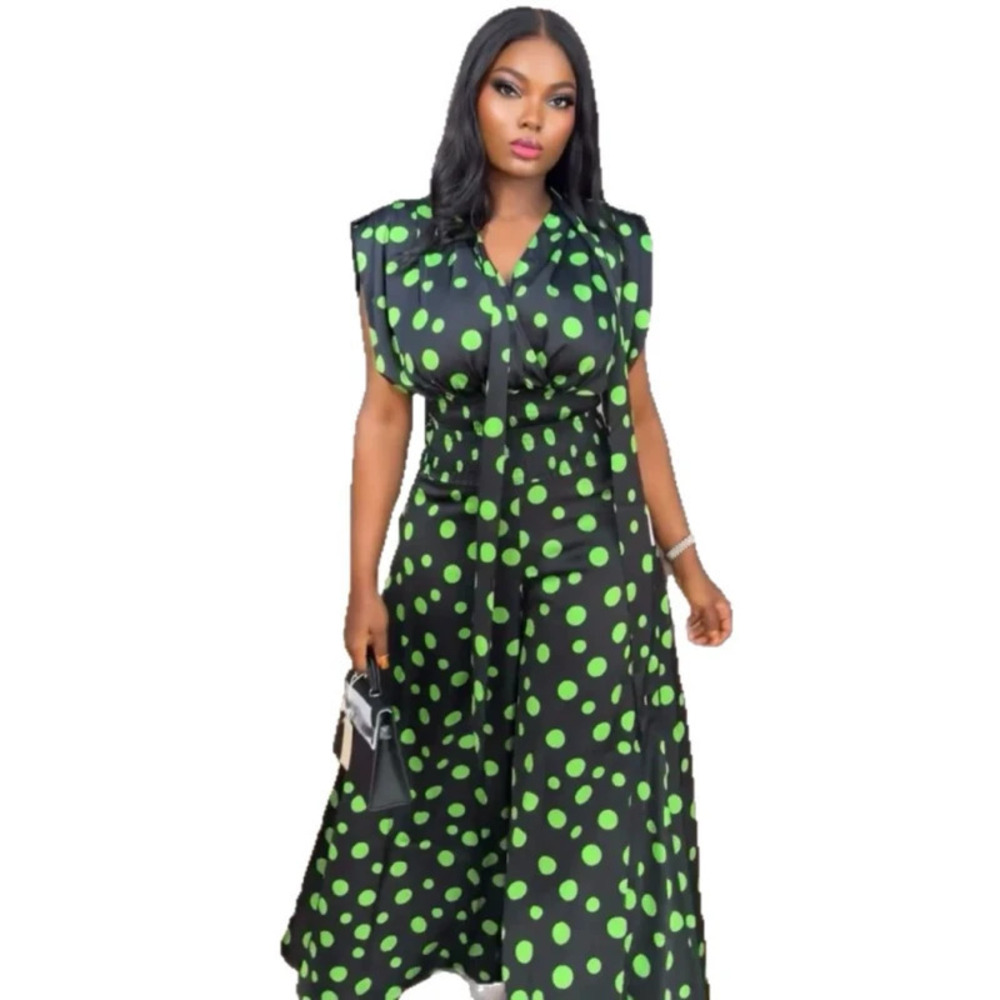 Polka Dot Long Collar Vest Dress Women African Chic Slim Tie